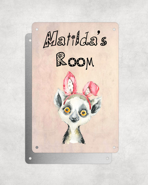 Cute Animal Personalised Name Plaque – Baby Lemur With Cat Ears | Vintage-Style Aluminium Sign for Kids’ Room