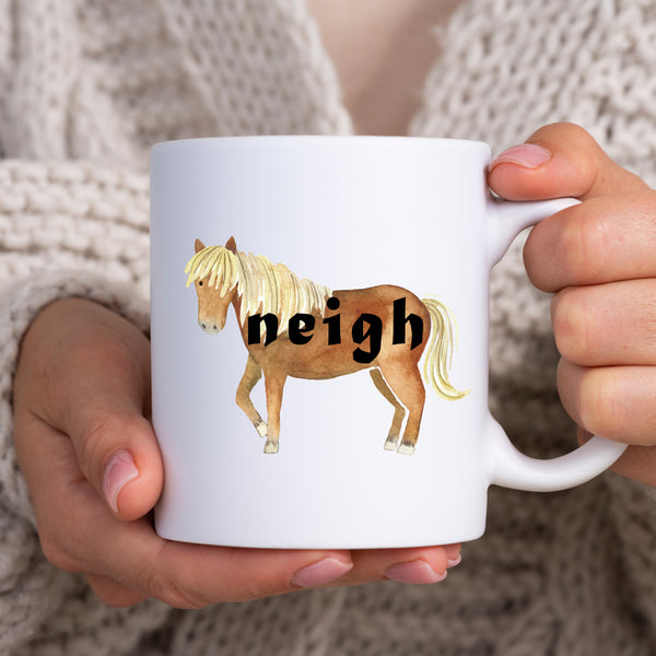 Neigh, Funny Birthday Gift with Brown Horse Design, Personalised Mug