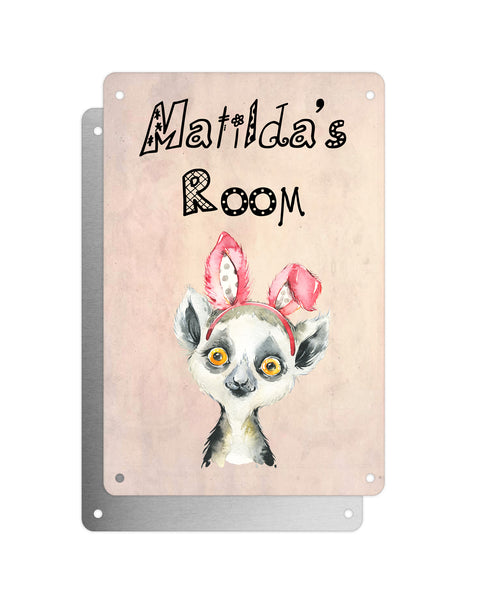 Cute Animal Personalised Name Plaque – Baby Lemur With Cat Ears | Vintage-Style Aluminium Sign for Kids’ Room