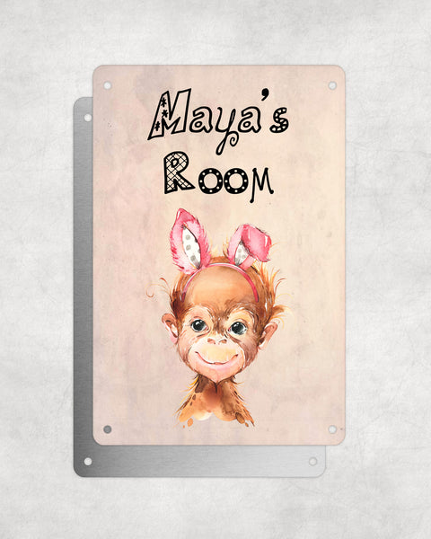 Cute Animal Personalised Name Plaque – Baby Orangutan With Bunny Ears | Vintage-Style Aluminium Sign for Kids’ Room