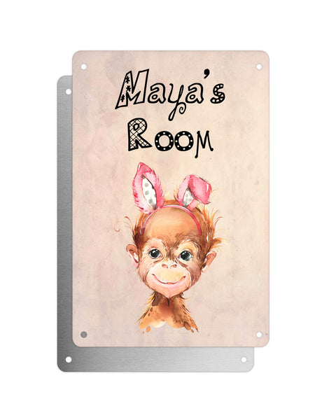 Cute Animal Personalised Name Plaque – Baby Orangutan With Bunny Ears | Vintage-Style Aluminium Sign for Kids’ Room
