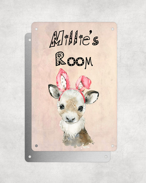 Cute Animal Personalised Name Plaque – Baby Reindeer With Bunny Ears | Vintage-Style Aluminium Sign for Kids’ Room