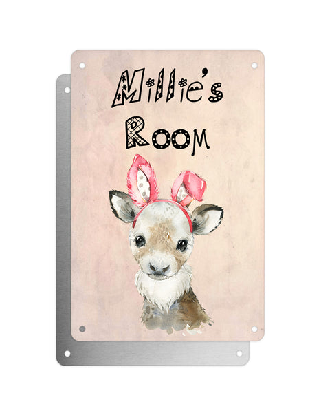 Cute Animal Personalised Name Plaque – Baby Reindeer With Bunny Ears | Vintage-Style Aluminium Sign for Kids’ Room