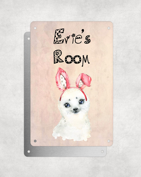 Cute Animal Personalised Name Plaque – Baby Seal With Bunny Ears | Vintage-Style Aluminium Sign for Kids’ Room