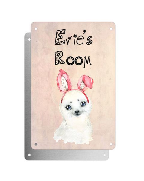 Cute Animal Personalised Name Plaque – Baby Seal With Bunny Ears | Vintage-Style Aluminium Sign for Kids’ Room