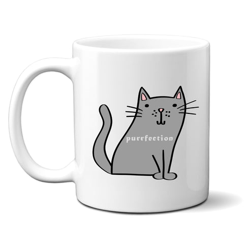 Purrfection, Funny Birthday Gift with Grey Cat Design, Personalised Mug