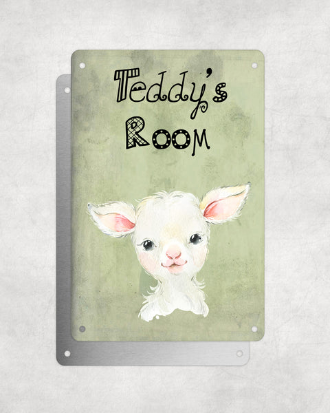 Cute Animal Personalised Name Plaque – Baby Lamb | Vintage-Style Green Aluminium Sign for Kids’ Room