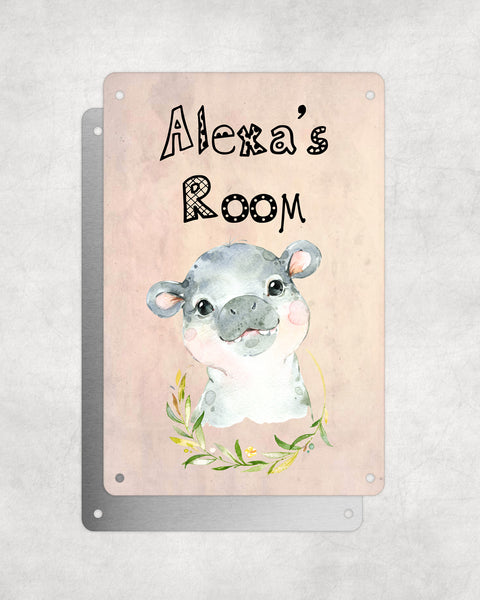 Cute Animal Personalised Name Plaque – Baby Hippo Wreath | Vintage-Style Aluminium Sign for Kids’ Room
