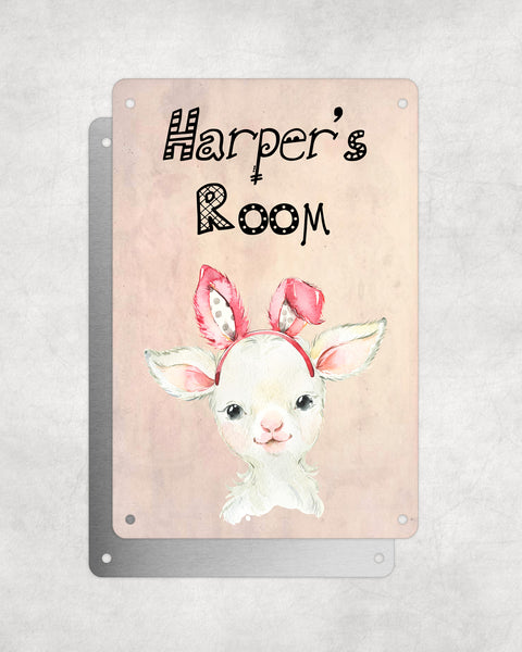 Cute Animal Personalised Name Plaque – Baby Lamb With Bunny Ears | Vintage-Style Aluminium Sign for Kids’ Room
