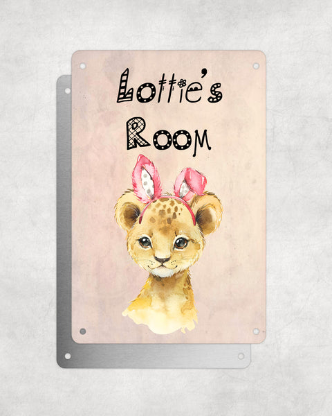 Cute Animal Personalised Name Plaque – Baby Lion With Bunny Ears | Vintage-Style Aluminium Sign for Kids’ Room
