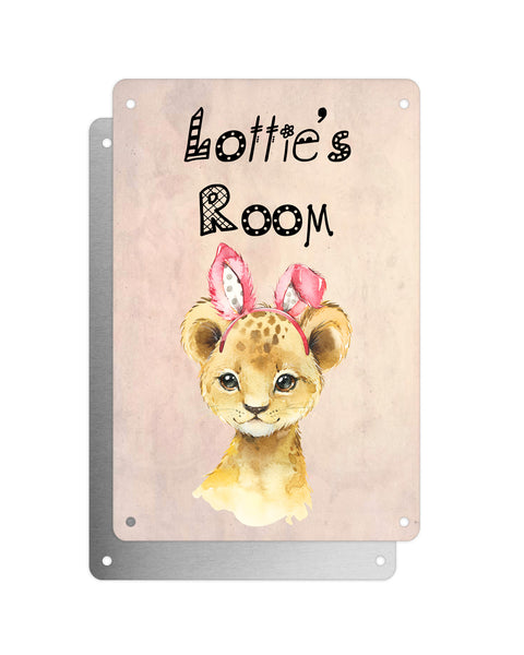 Cute Animal Personalised Name Plaque – Baby Lion With Bunny Ears | Vintage-Style Aluminium Sign for Kids’ Room