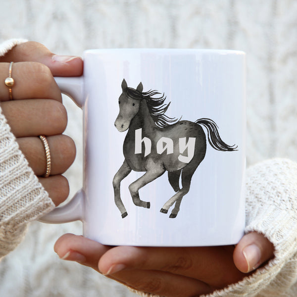 Hay, Funny Birthday Gift with Black Horse Design, Personalised Mug