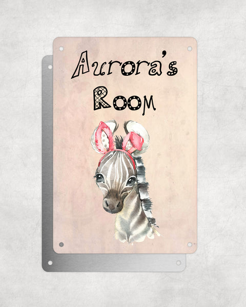 Cute Animal Personalised Name Plaque – Baby Zebra With Bunny Ears | Vintage-Style Aluminium Sign for Kids’ Room