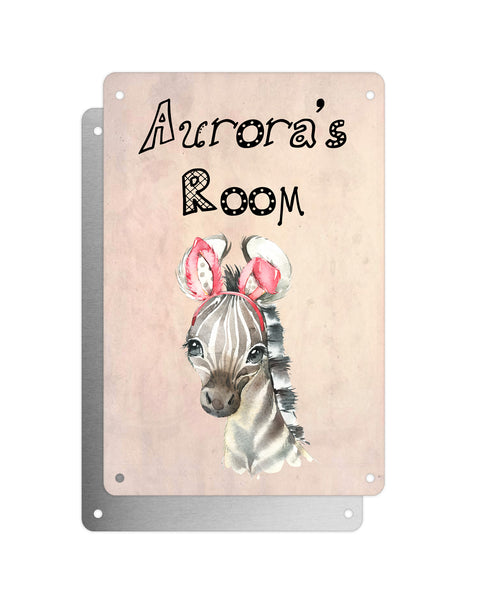 Cute Animal Personalised Name Plaque – Baby Zebra With Bunny Ears | Vintage-Style Aluminium Sign for Kids’ Room
