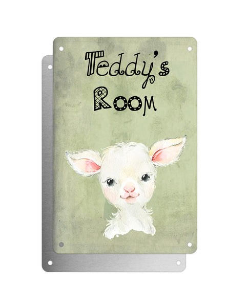 Cute Animal Personalised Name Plaque – Baby Lamb | Vintage-Style Green Aluminium Sign for Kids’ Room