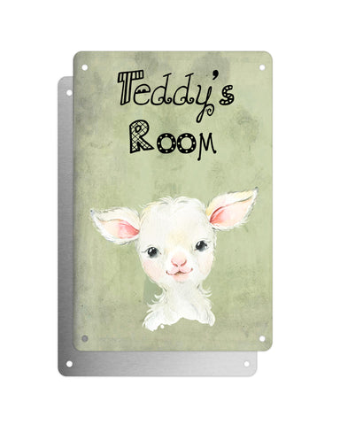 Cute Animal Personalised Name Plaque – Baby Lamb | Vintage-Style Green Aluminium Sign for Kids’ Room