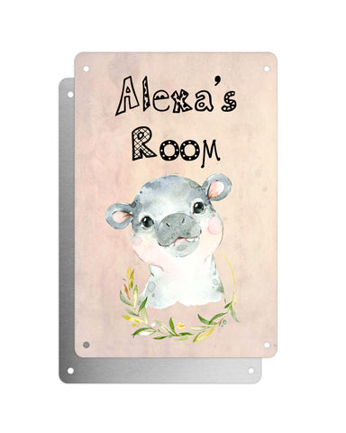 Cute Animal Personalised Name Plaque – Baby Hippo Wreath | Vintage-Style Aluminium Sign for Kids’ Room