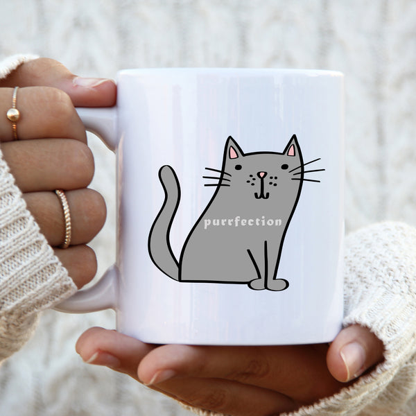 Purrfection, Funny Birthday Gift with Grey Cat Design, Personalised Mug