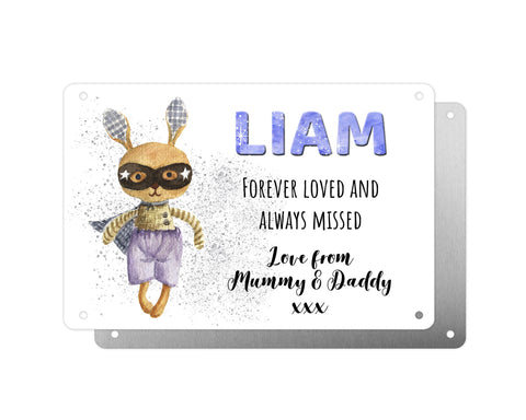 Personalised Graveside Plaque, Aluminium Bereavement Sheet, Metal Sign, Superhero Rabbit Toy, Remembrance Gift