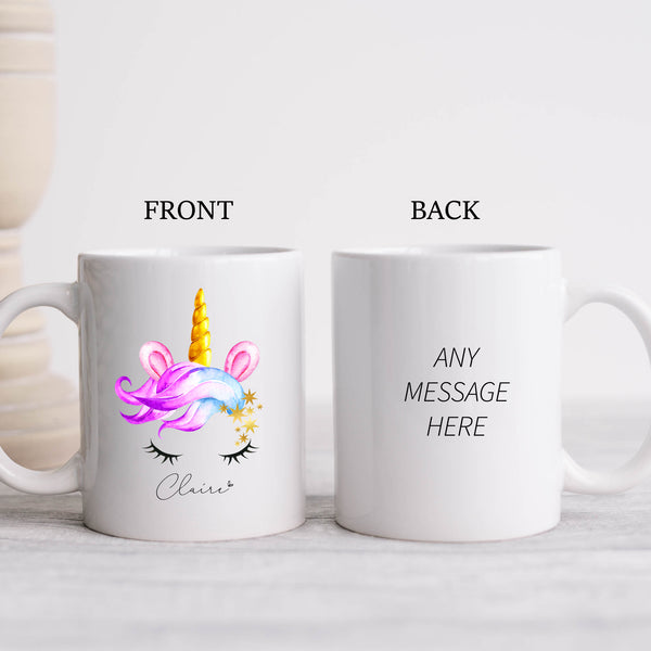 Pretty Unicorn with Lashes Mug with Name, Personalised Front and Back