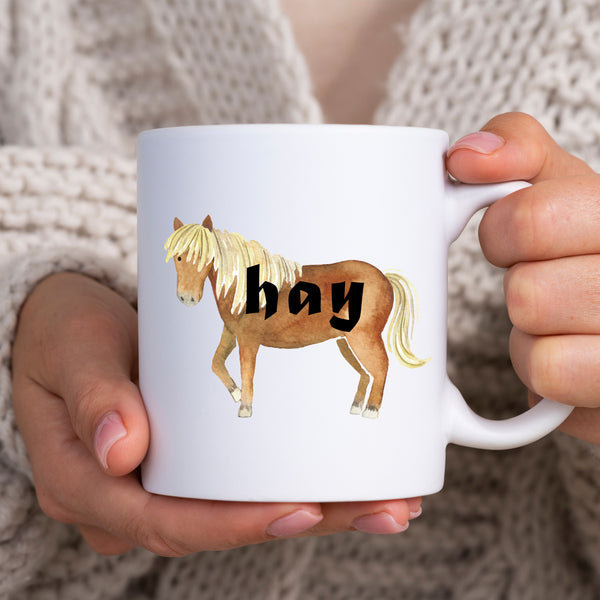 Hay, Funny Birthday Gift with Brown Horse Design, Personalised Mug