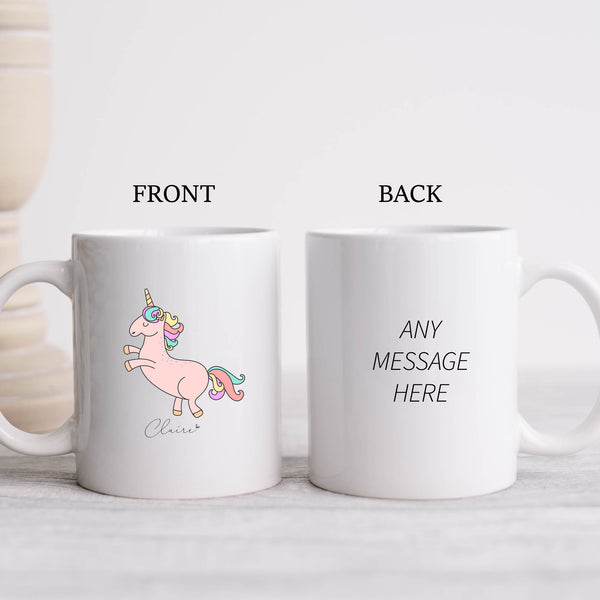 Pink Unicorn Mug with Name, Personalised Front and Back