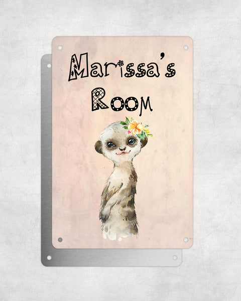 Cute Animal Personalised Name Plaque – Baby Meerkat With Flower | Vintage-Style Aluminium Sign for Kids’ Room