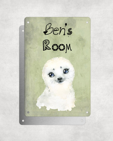 Cute Animal Personalised Name Plaque – Baby Seal | Vintage-Style Green Aluminium Sign for Kids’ Room