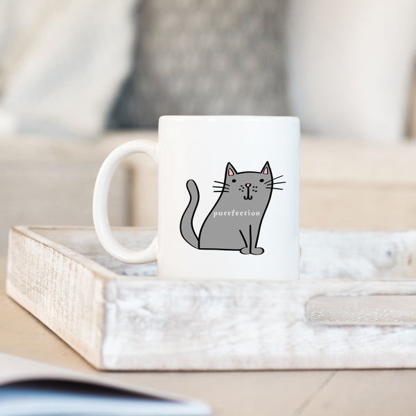 Purrfection, Funny Birthday Gift with Grey Cat Design, Personalised Mug