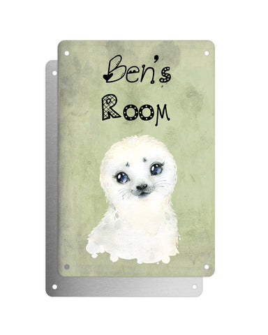 Cute Animal Personalised Name Plaque – Baby Seal | Vintage-Style Green Aluminium Sign for Kids’ Room