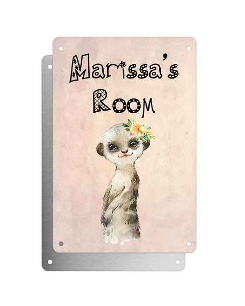 Cute Animal Personalised Name Plaque – Baby Meerkat With Flower | Vintage-Style Aluminium Sign for Kids’ Room