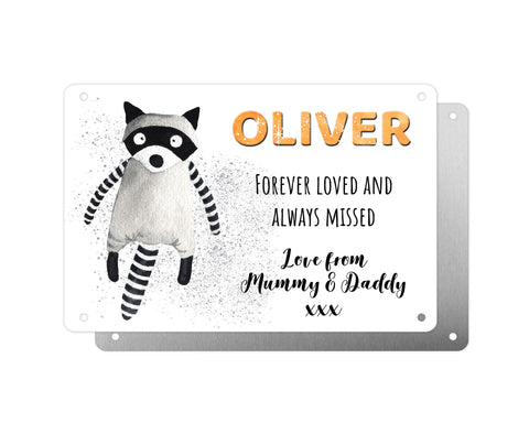 Personalised Graveside Plaque, Aluminium Bereavement Sheet, Metal Sign, Cute Raccoon, Remembrance Gift