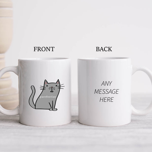 Purrfection, Funny Birthday Gift with Grey Cat Design, Personalised Mug