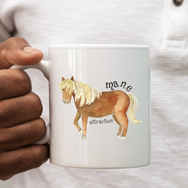 Mane Attraction, Funny Birthday Gift with Brown Horse Design, Personalised Mug