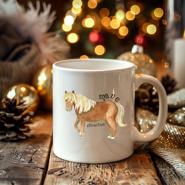 Mane Attraction, Funny Birthday Gift with Brown Horse Design, Personalised Mug