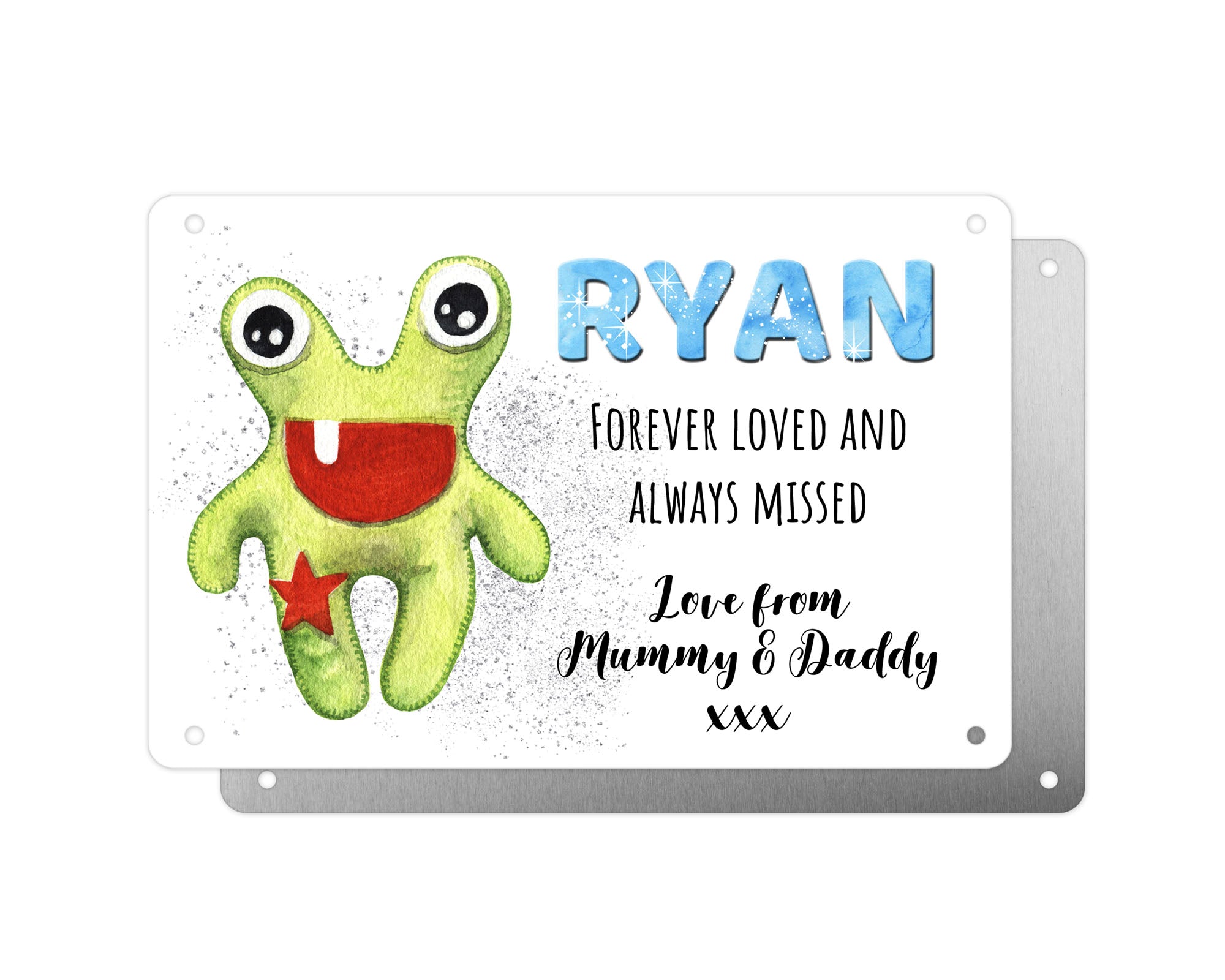Personalised Graveside Plaque, Aluminium Bereavement Sheet, Metal Sign, Green Monster Toy, Remembrance Gift