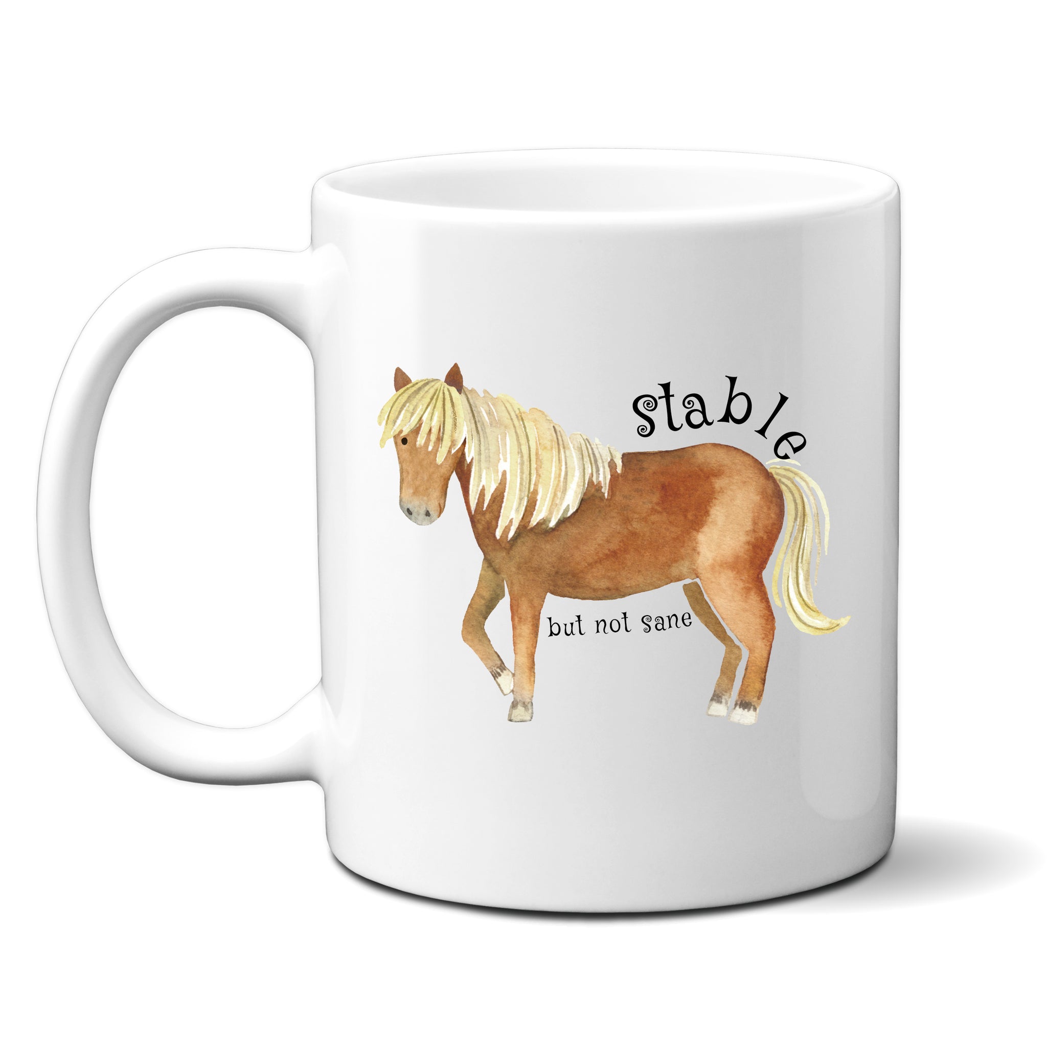 Stable But Not Sane, Funny Birthday Gift with Brown Horse Design, Personalised Mug