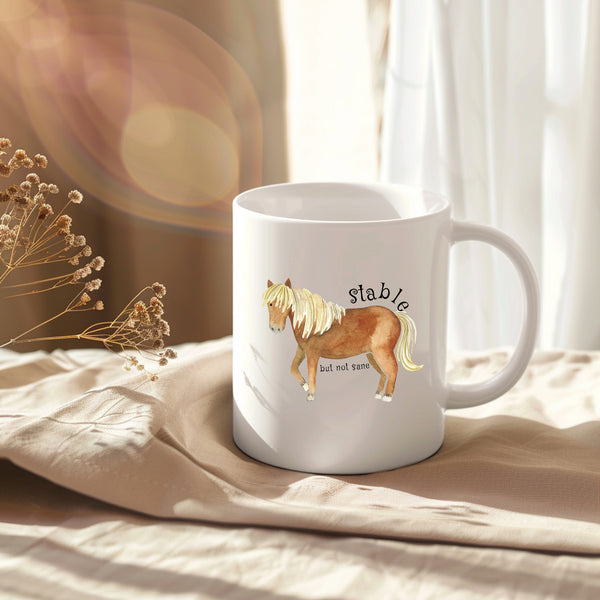 Stable But Not Sane, Funny Birthday Gift with Brown Horse Design, Personalised Mug