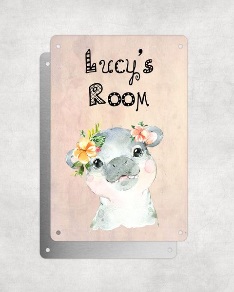 Cute Animal Personalised Name Plaque – Baby Hippo With Flowers | Vintage-Style Aluminium Sign for Kids’ Room