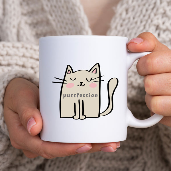 Purrfection, Funny Birthday Gift with Cream Cat Design, Personalised Mug