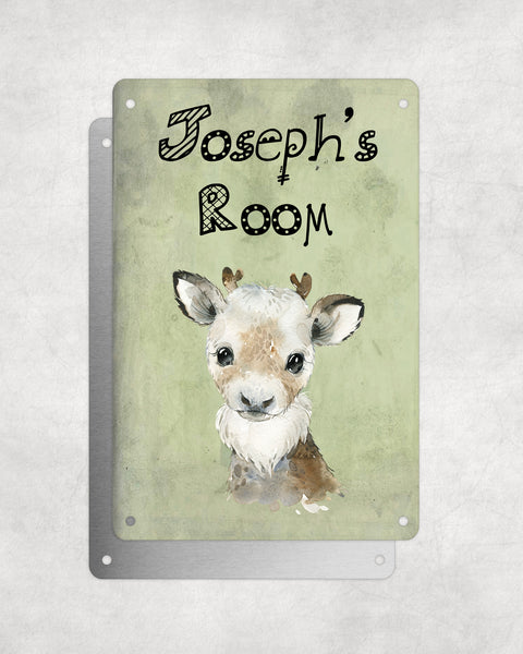Cute Animal Personalised Name Plaque – Baby Reindeer | Vintage-Style Aluminium Sign for Kids’ Room