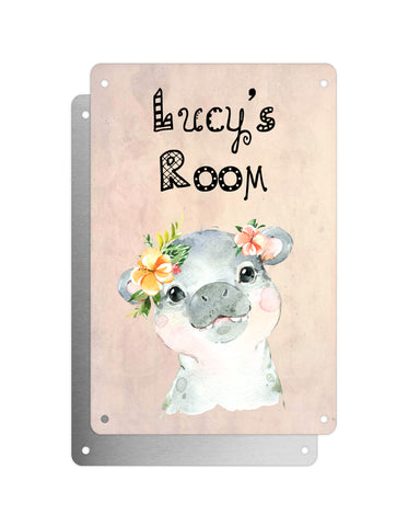 Cute Animal Personalised Name Plaque – Baby Hippo With Flowers | Vintage-Style Aluminium Sign for Kids’ Room