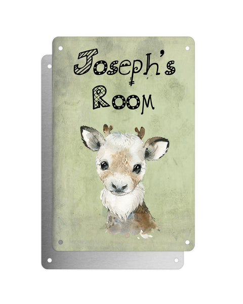 Cute Animal Personalised Name Plaque – Baby Reindeer | Vintage-Style Aluminium Sign for Kids’ Room