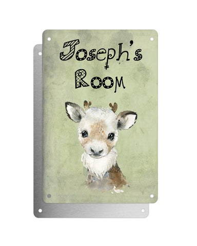 Cute Animal Personalised Name Plaque – Baby Reindeer | Vintage-Style Aluminium Sign for Kids’ Room