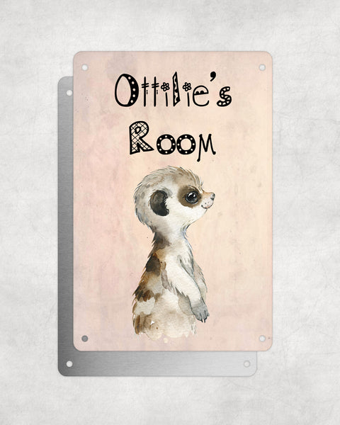 Cute Animal Personalised Name Plaque – Baby Meerkat Side Profile | Vintage-Style Aluminium Sign for Kids’ Room