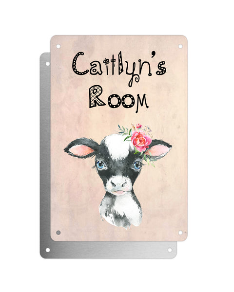 Cute Animal Personalised Name Plaque – Baby Cow with Flower | Vintage-Style Aluminium Sign for Kids’ Room