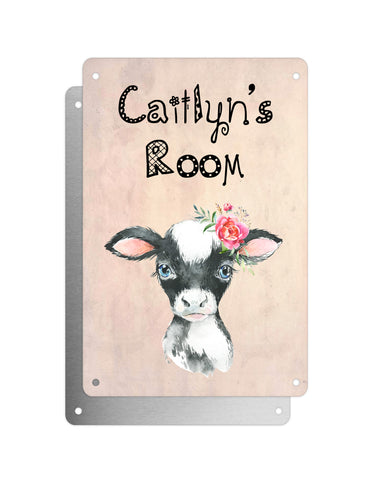 Cute Animal Personalised Name Plaque – Baby Cow with Flower | Vintage-Style Aluminium Sign for Kids’ Room