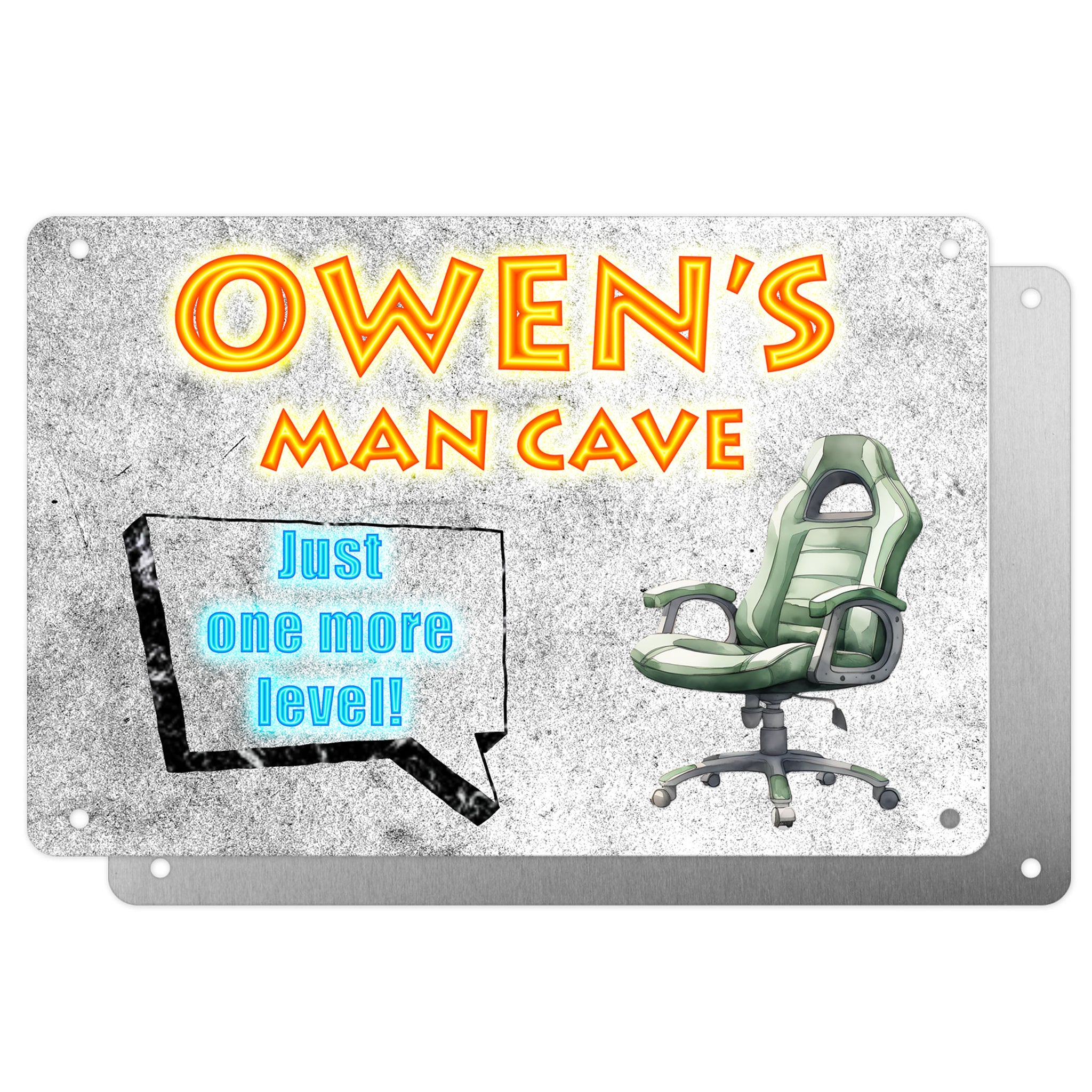 Boys Personalised Bedroom Plaque – "Man Cave | Just One More Level" – Aluminium Metal Sign | Gaming Chair Design | Gift for Him
