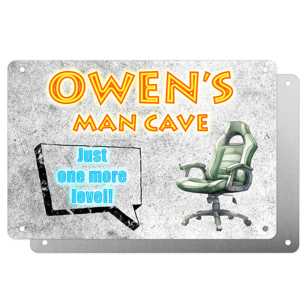 Boys Personalised Bedroom Plaque – "Man Cave | Just One More Level" – Aluminium Metal Sign | Gaming Chair Design | Gift for Him
