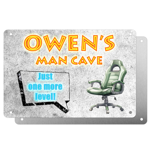 Boys Personalised Bedroom Plaque – "Man Cave | Just One More Level" – Aluminium Metal Sign | Gaming Chair Design | Gift for Him